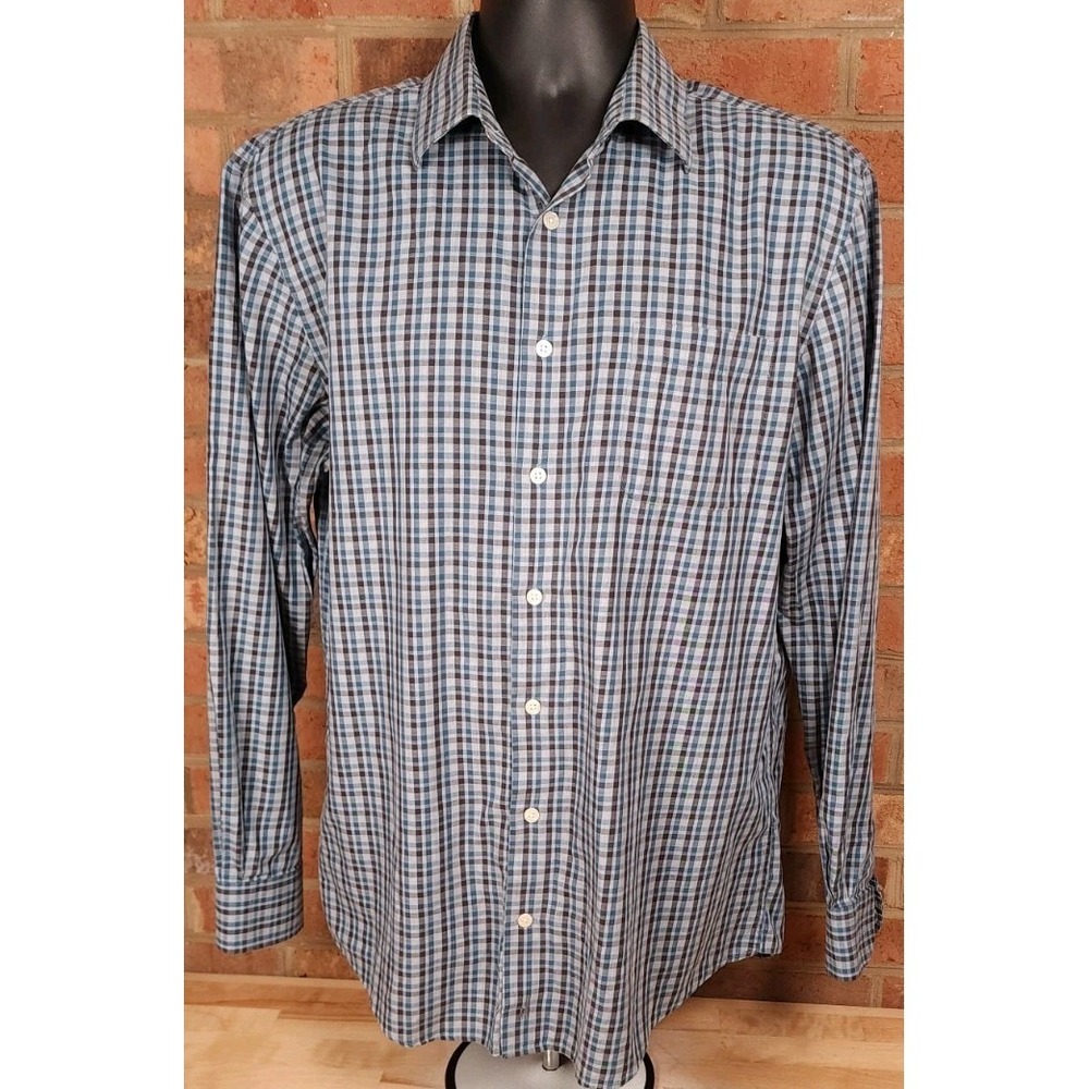 Johnnie-O Shirt Mens Large Blue Brown Button Down Plaid Check Long Sleeve